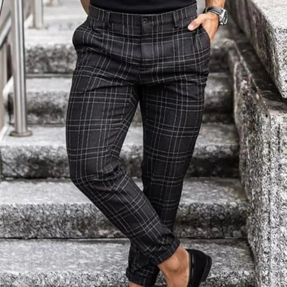 Men's Woven Plaid Pants with Belt Loops and Cropped Tapered Leg