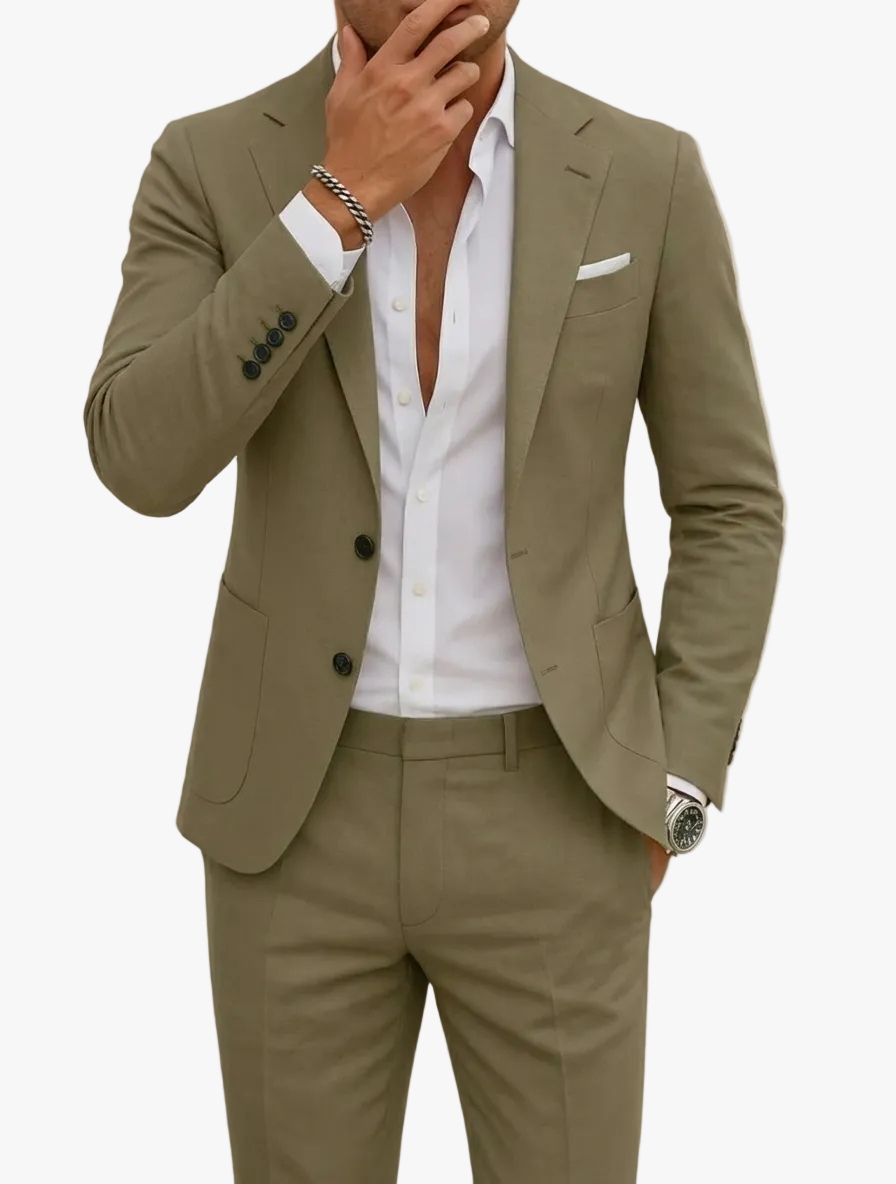 Men's Woven Suit Set with Notch Lapel and Two-Button Blazer