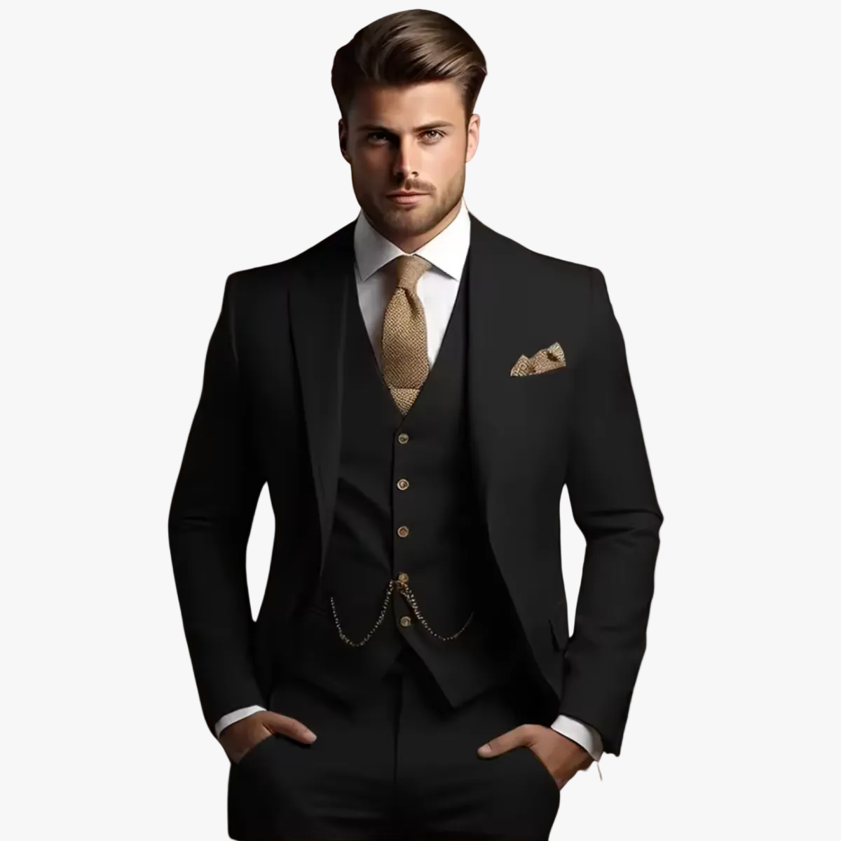 Men's Woven Suit Set with Notch Lapel and Vest