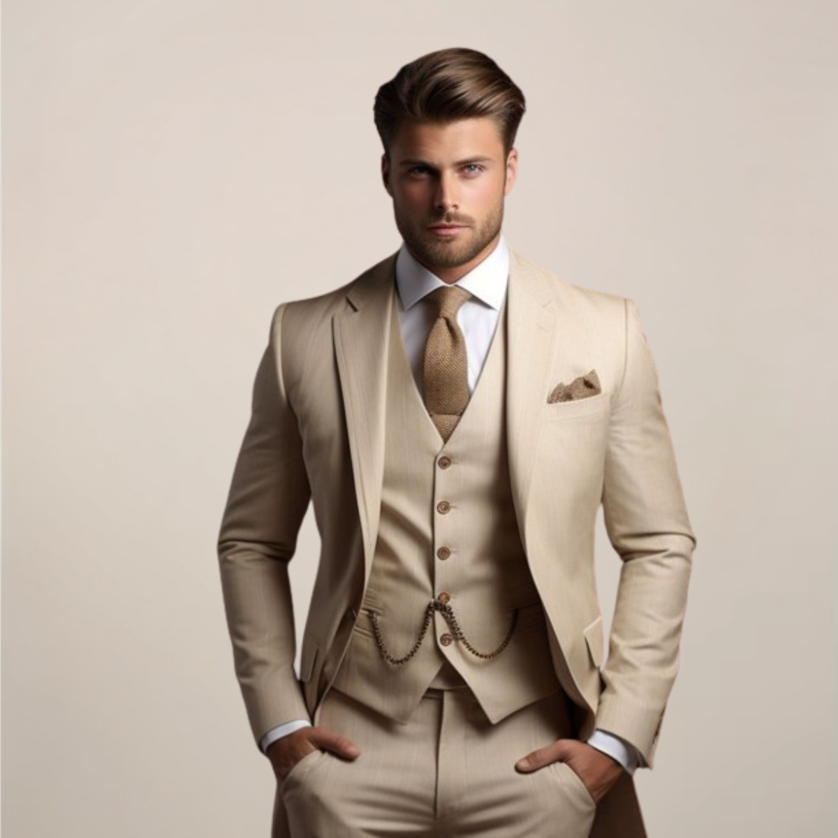 Men's Woven Suit Set with Notch Lapel and Vest