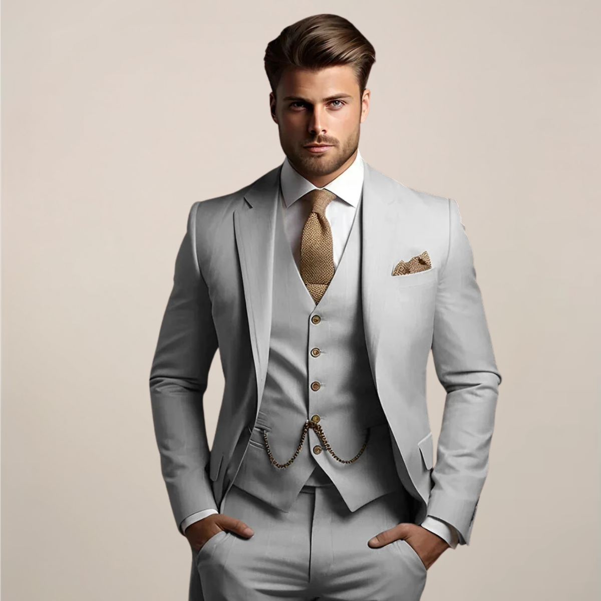 Men's Woven Suit Set with Notch Lapel and Vest