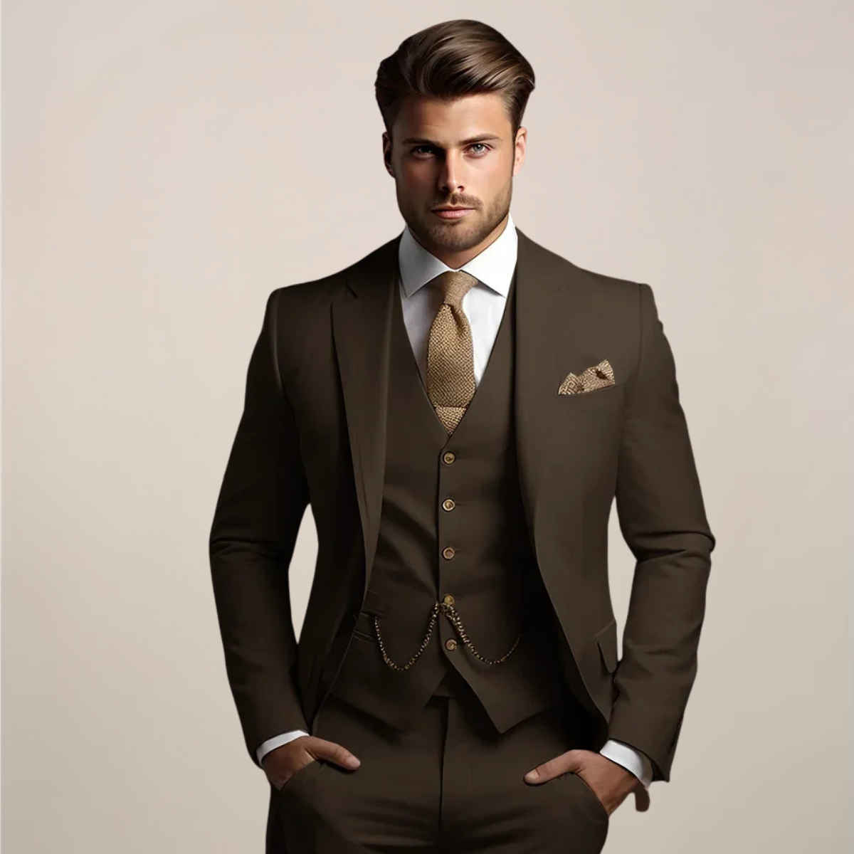 Men's Woven Suit Set with Notch Lapel and Vest