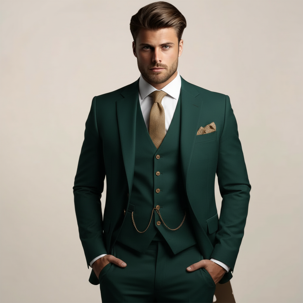 Men's Woven Suit Set with Notch Lapel and Vest