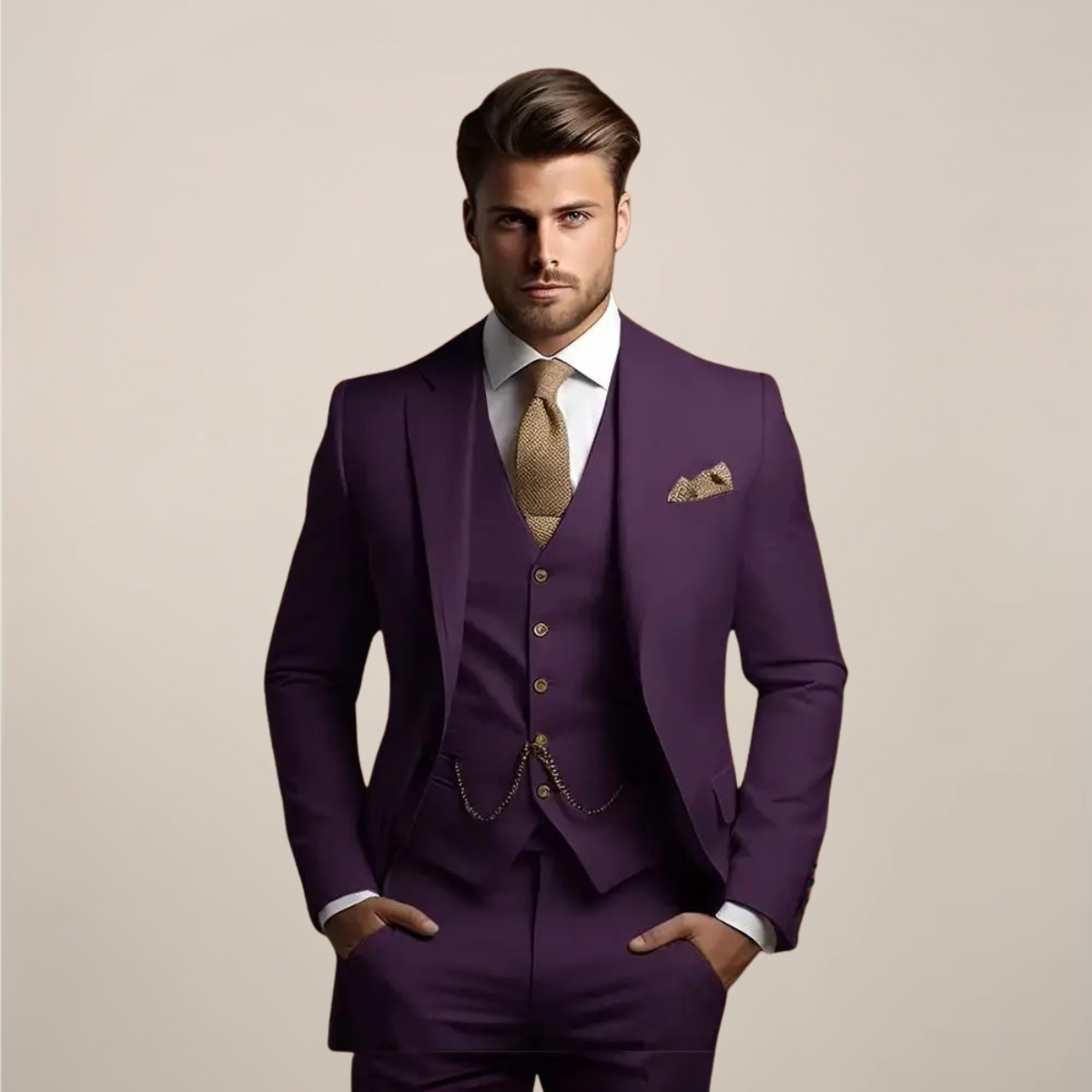 Men's Woven Suit Set with Notch Lapel and Vest