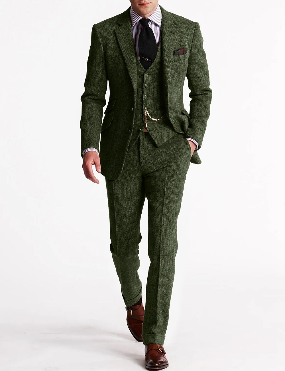 Men's Woven Suit Set with Notch Lapel and Waistcoat