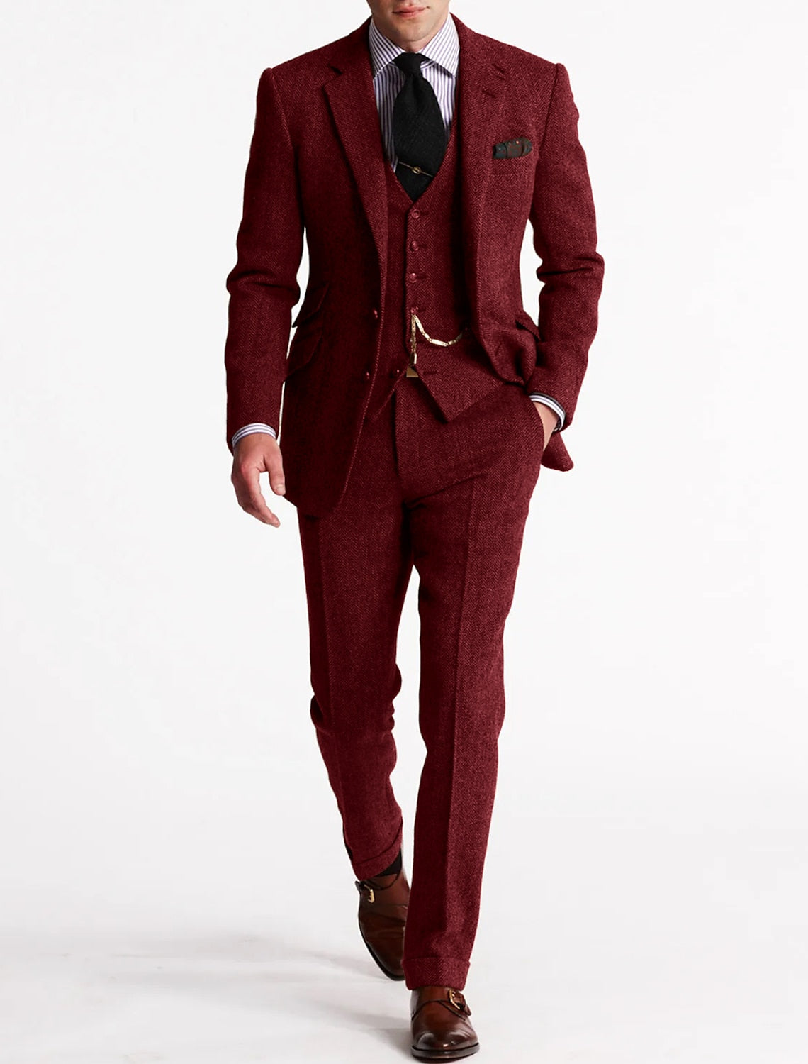 Men's Woven Suit Set with Notch Lapel and Waistcoat