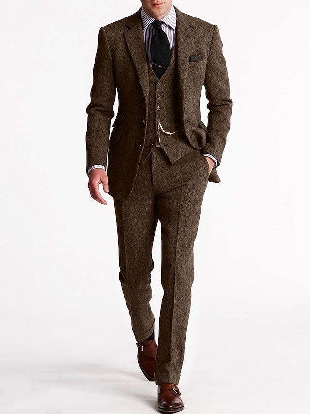 Men's Woven Suit Set with Notch Lapel and Waistcoat