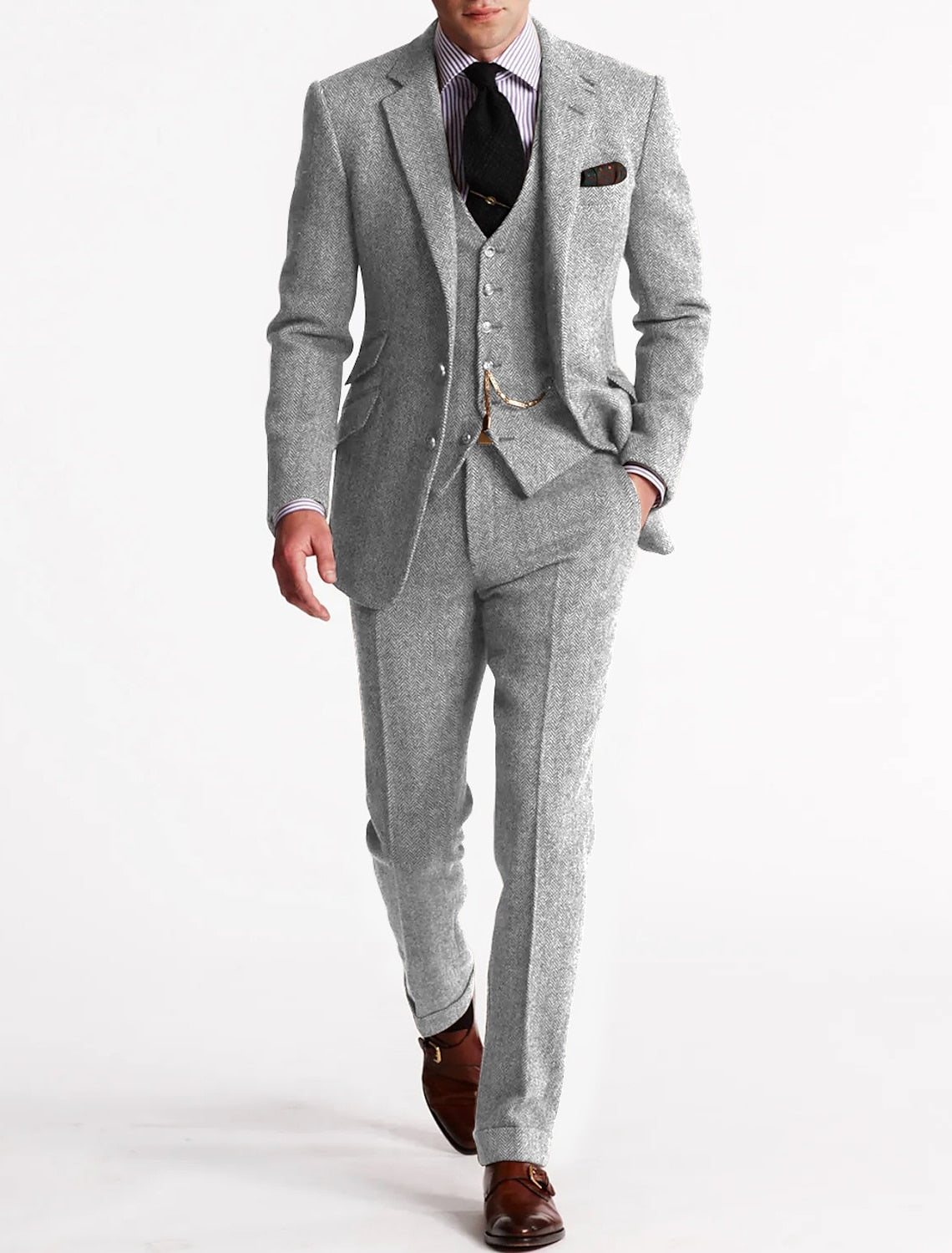 Men's Woven Suit Set with Notch Lapel and Waistcoat