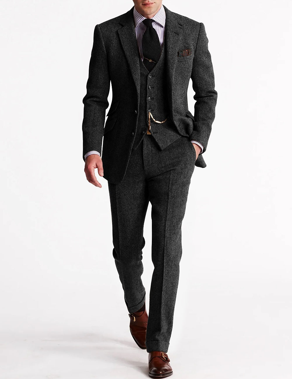 Men's Woven Suit Set with Notch Lapel and Waistcoat