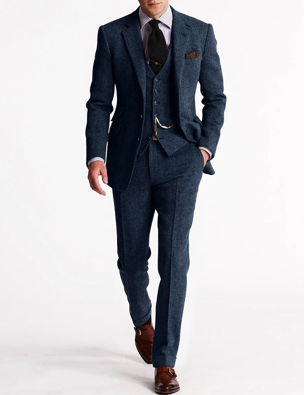 Men's Woven Suit Set with Notch Lapel and Waistcoat