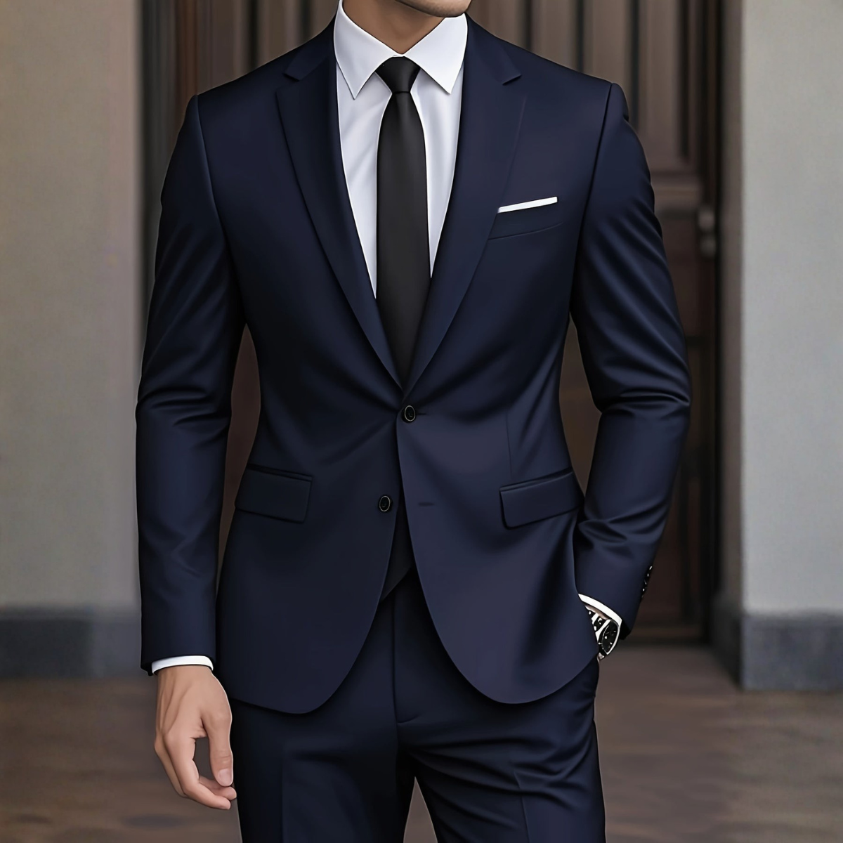 Men's Woven Suit Set with Notch Lapels and Two-Button Jacket