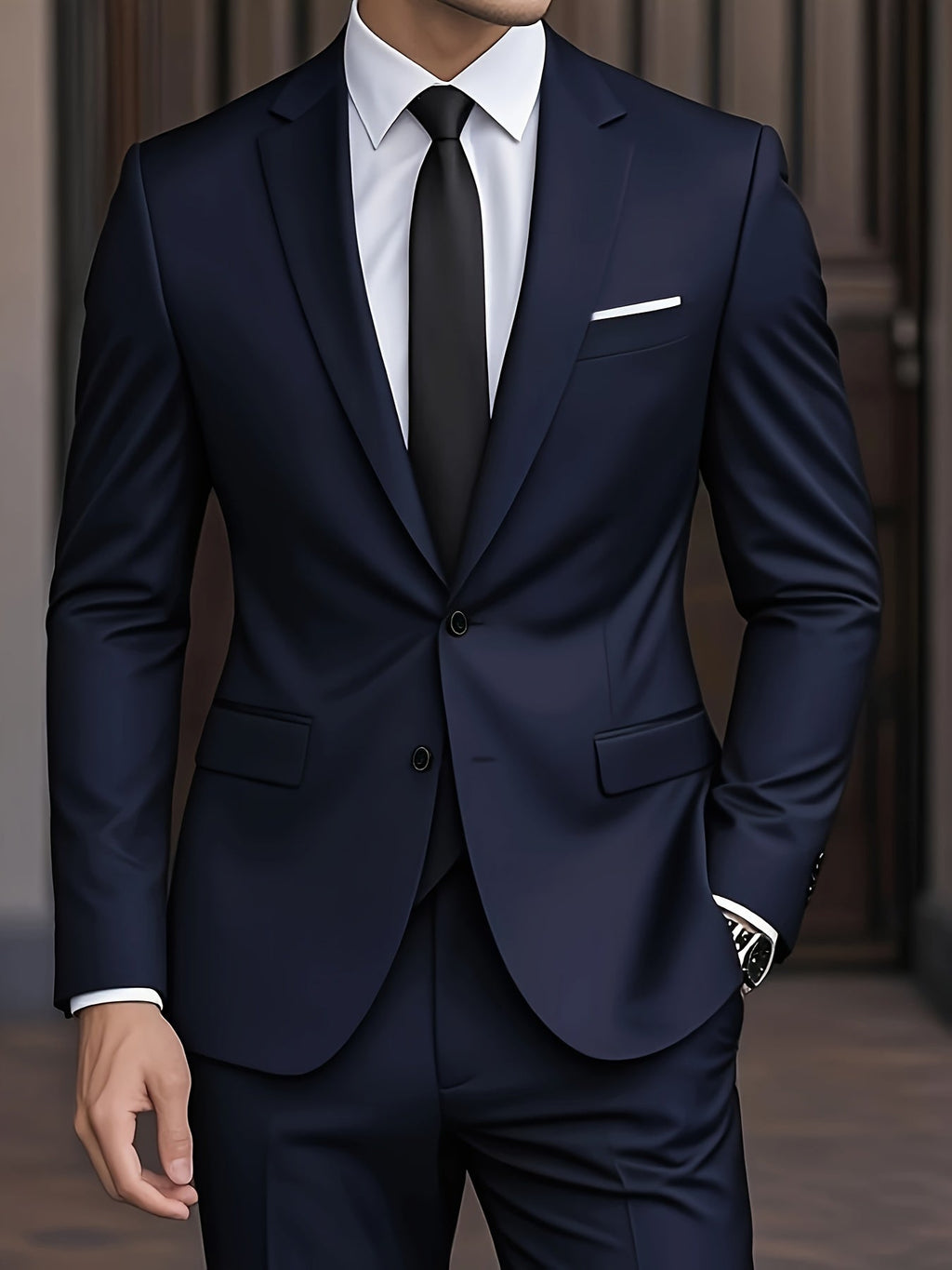 Men's Woven Suit Set with Notch Lapels and Two-Button Jacket