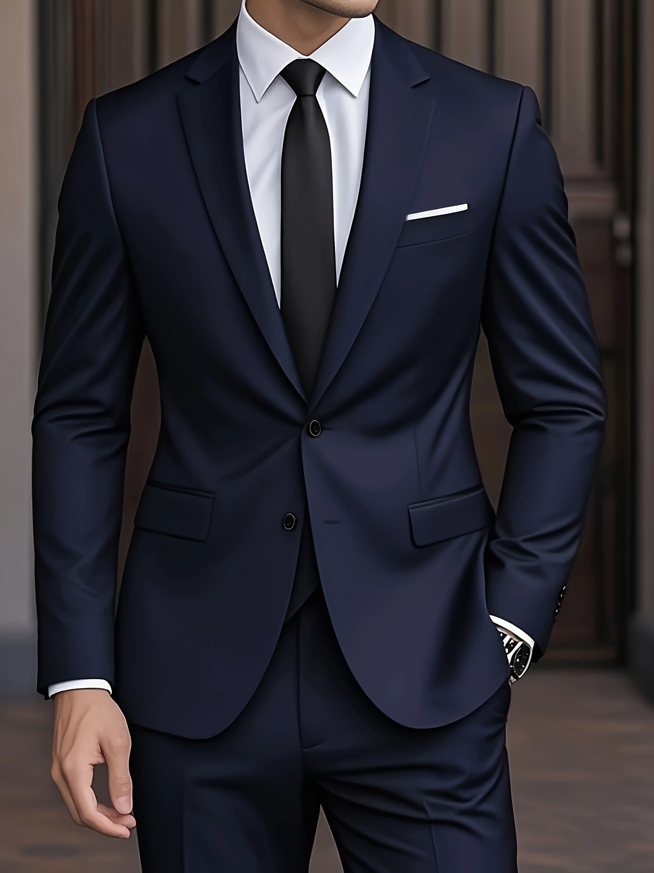 Men's Woven Suit Set with Notch Lapels and Two-Button Jacket