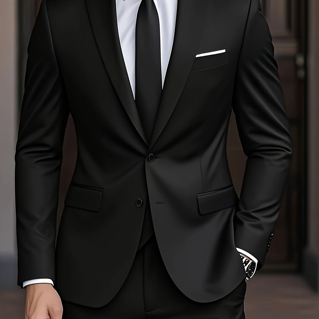 Men's Woven Suit Set with Notch Lapels and Two-Button Jacket