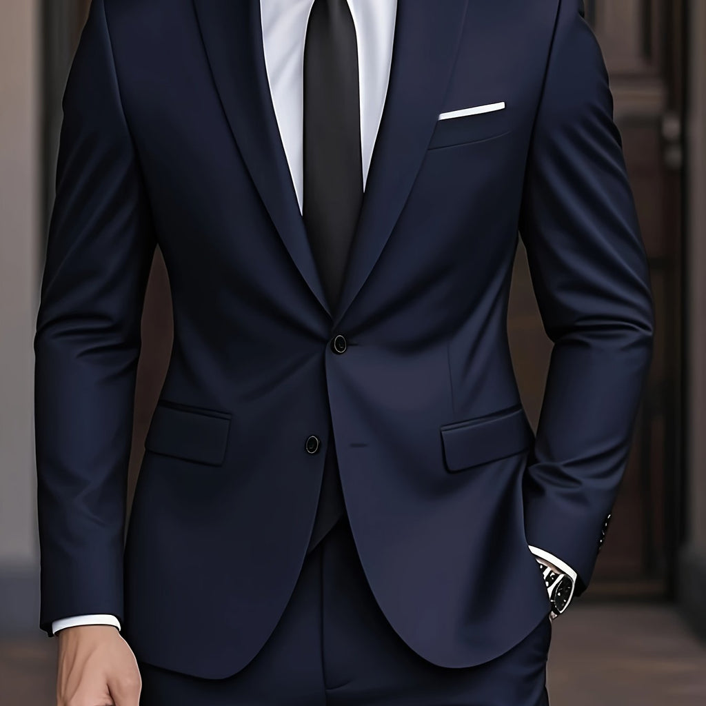 Men's Woven Suit Set with Notch Lapels and Two-Button Jacket