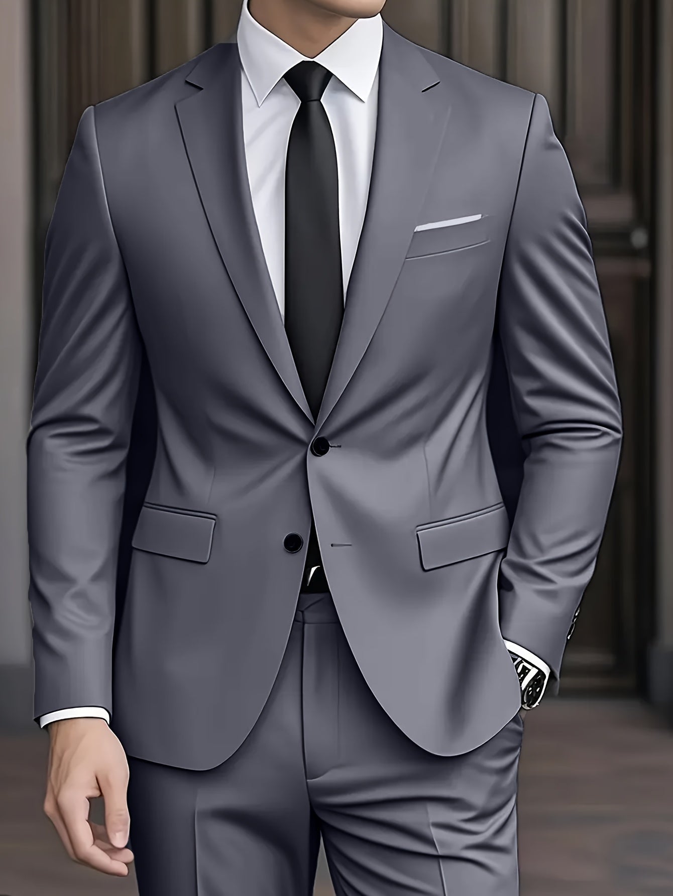 Men's Woven Suit Set with Notch Lapels and Two-Button Jacket