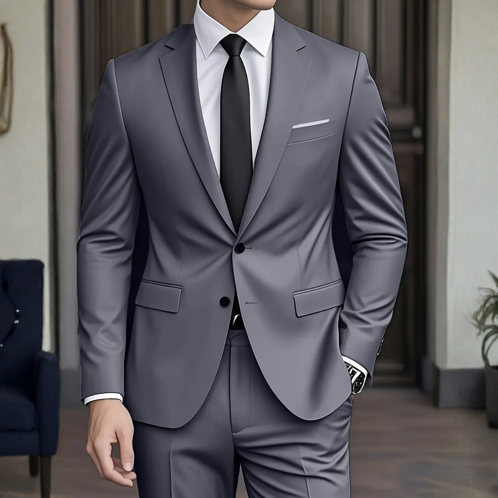 Men's Woven Suit Set with Notch Lapels and Two-Button Jacket