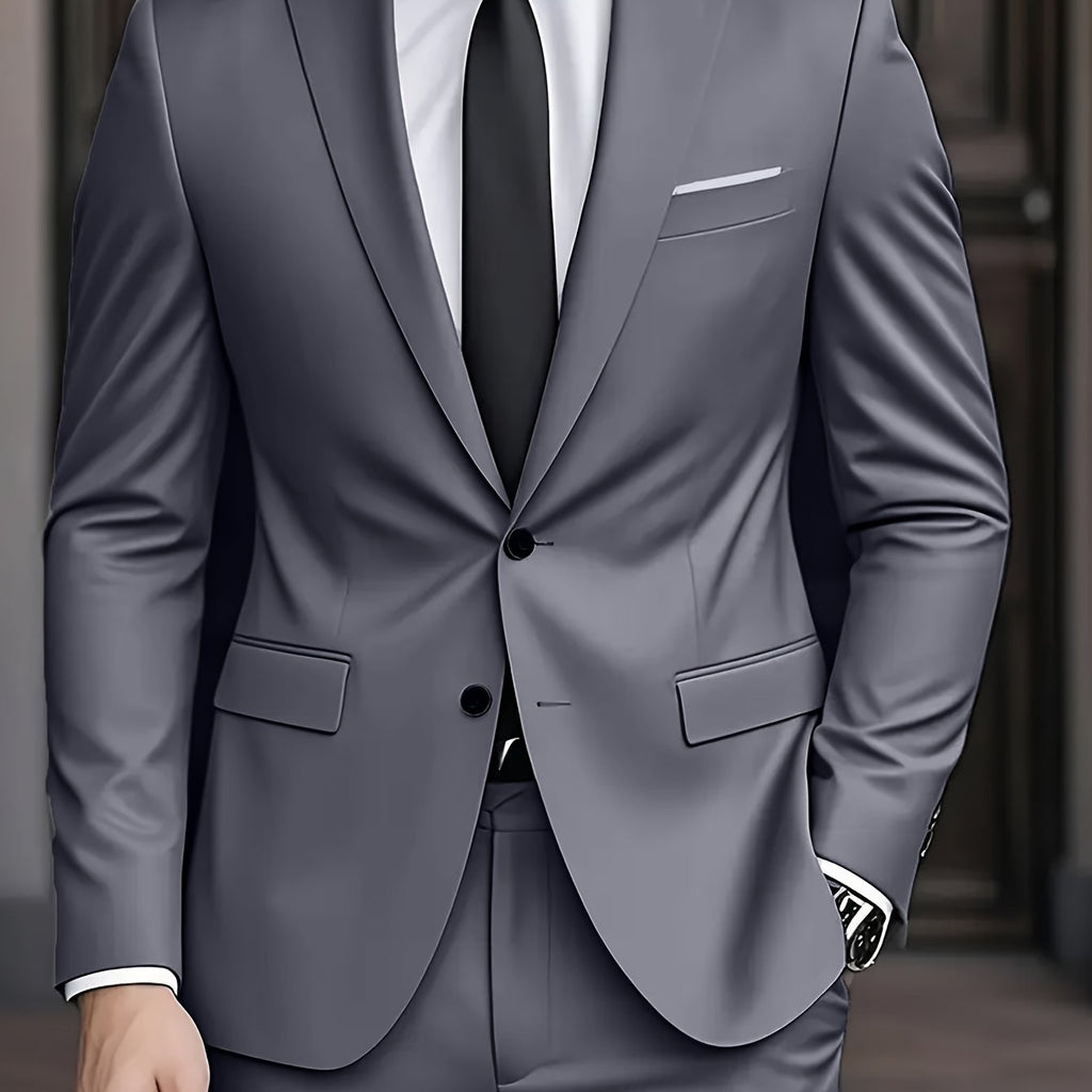 Men's Woven Suit Set with Notch Lapels and Two-Button Jacket