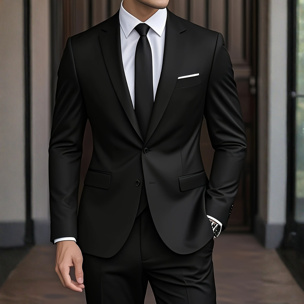 Men's Woven Suit Set with Notch Lapels and Two-Button Jacket