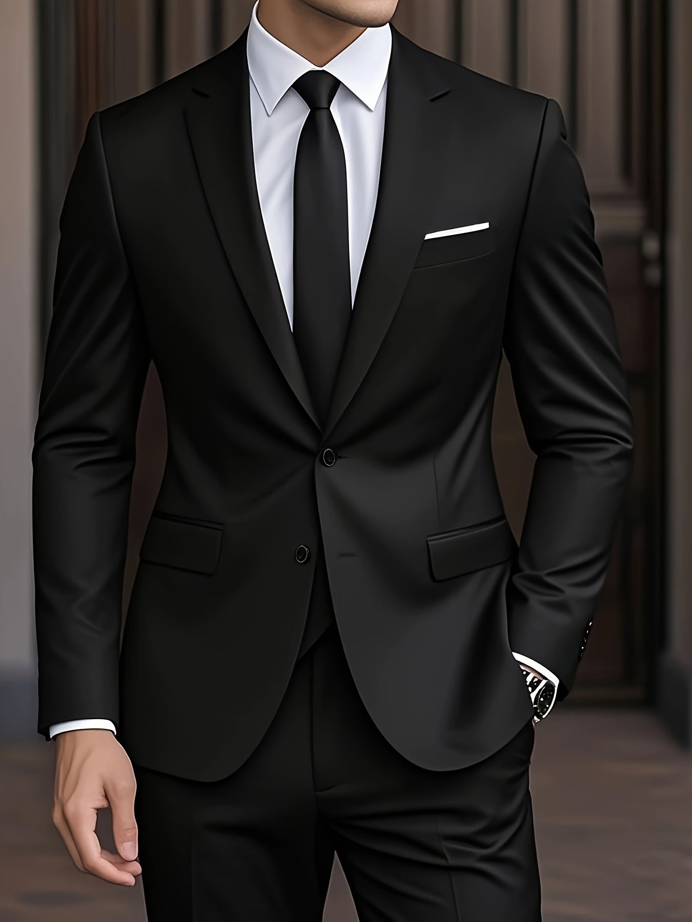 Men's Woven Suit Set with Notch Lapels and Two-Button Jacket
