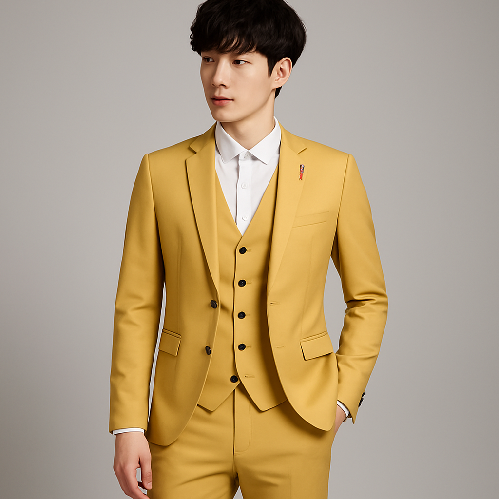 Men's Woven Suit Set with Two-Button Jacket and Vest