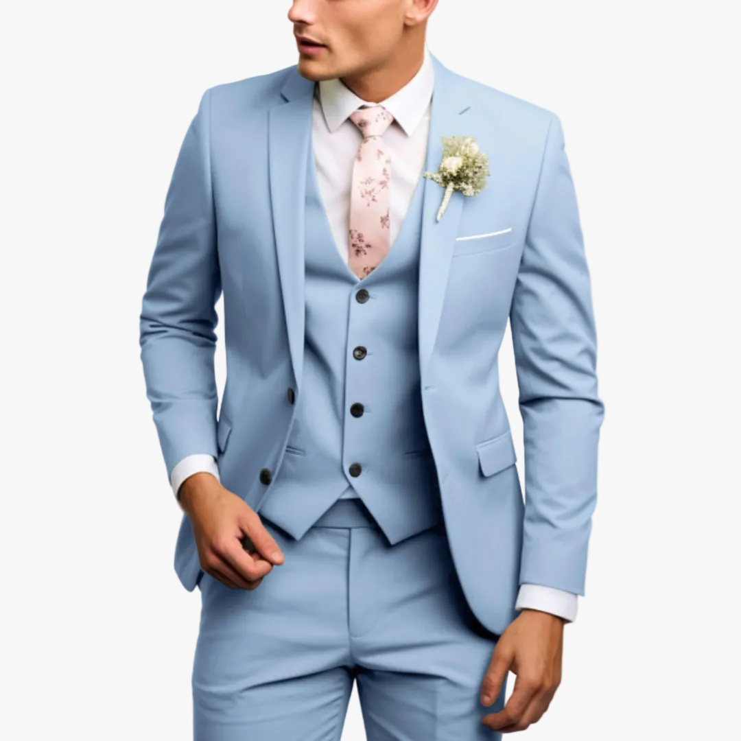 Men's Woven Three-Piece Suit with Notch Lapel and Button Vest