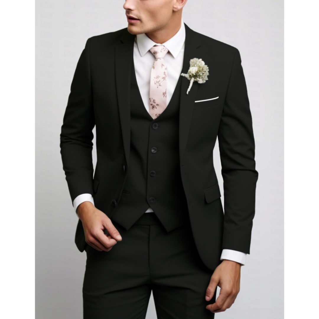 Men's Woven Three-Piece Suit with Notch Lapel and Button Vest