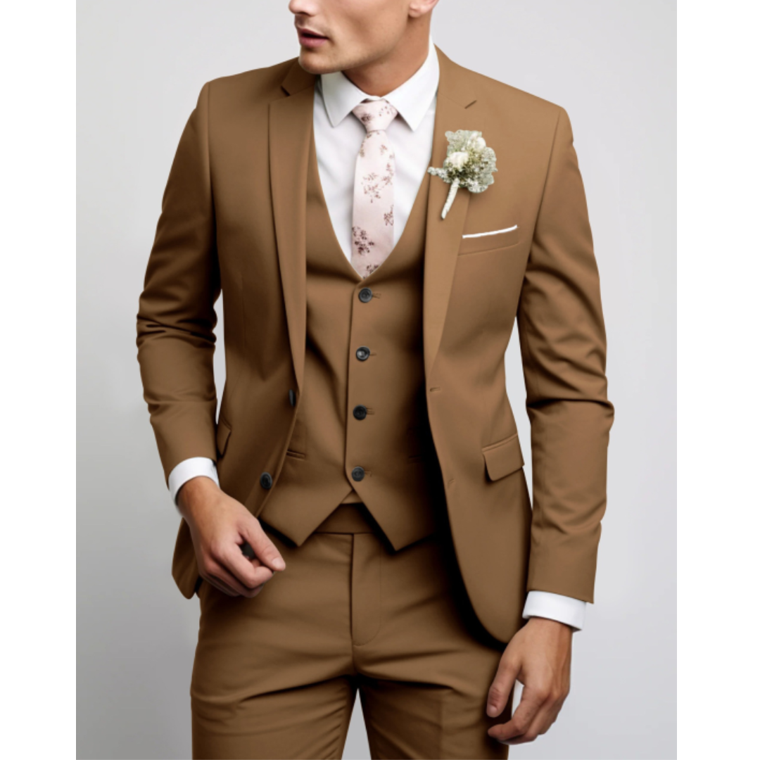 Men's Woven Three-Piece Suit with Notch Lapel and Button Vest
