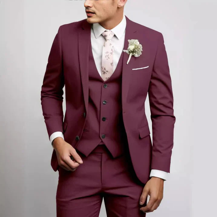 Men's Woven Three-Piece Suit with Notch Lapel and Button Vest