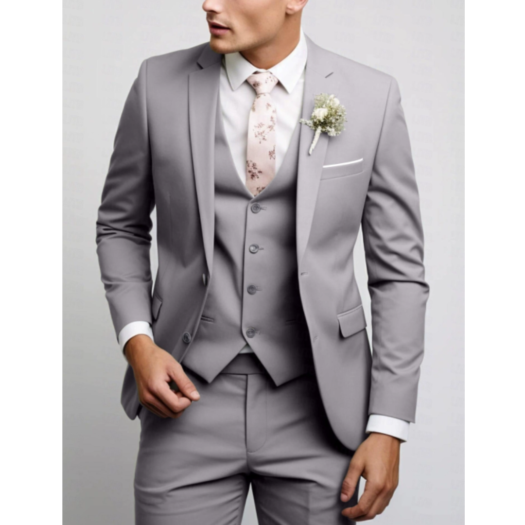 Men's Woven Three-Piece Suit with Notch Lapel and Button Vest