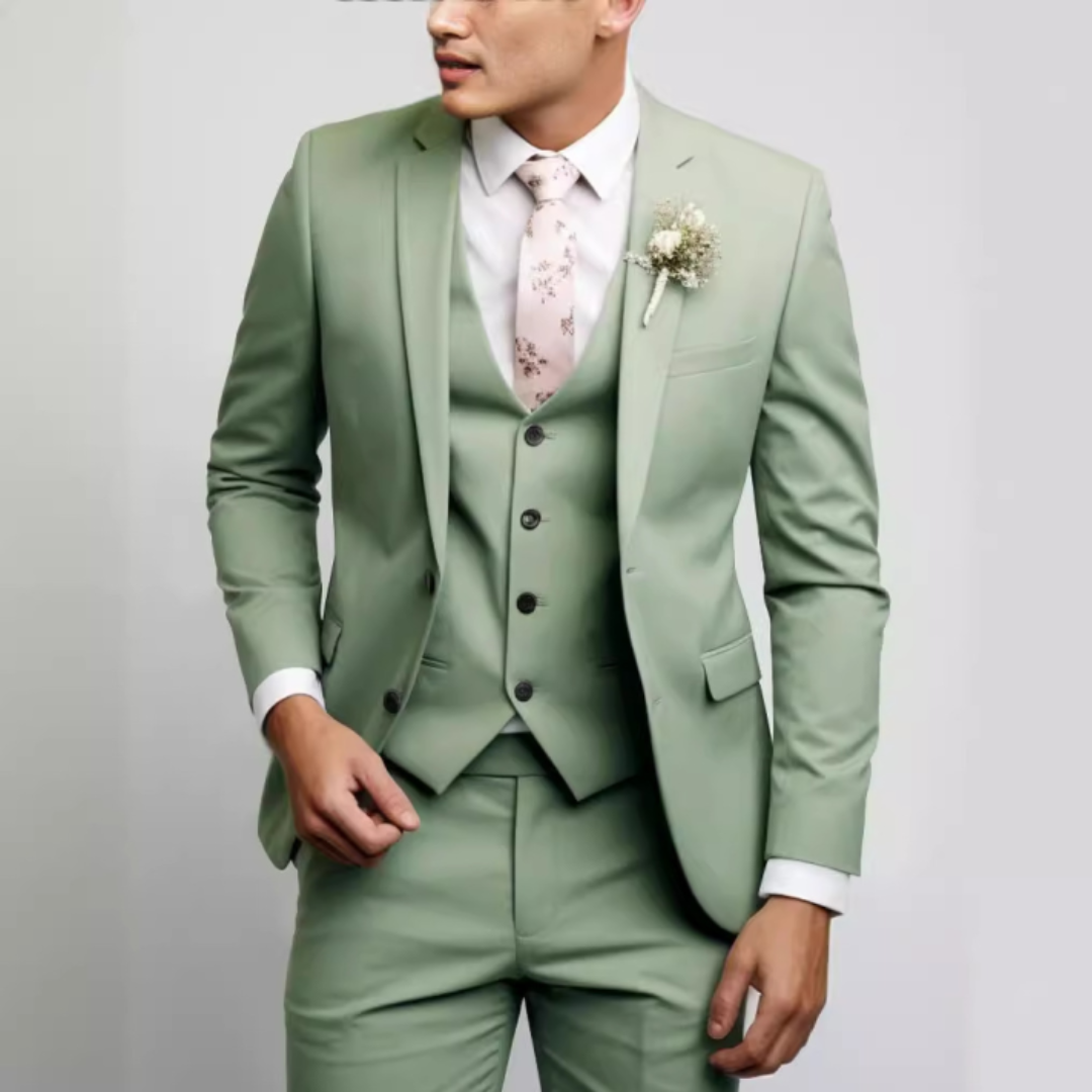 Men's Woven Three-Piece Suit with Notch Lapel and Button Vest