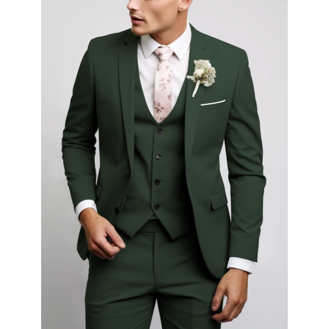 Men's Woven Three-Piece Suit with Notch Lapel and Button Vest