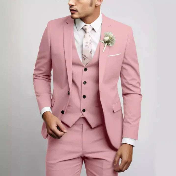 Men's Woven Three-Piece Suit with Notch Lapel and Button Vest