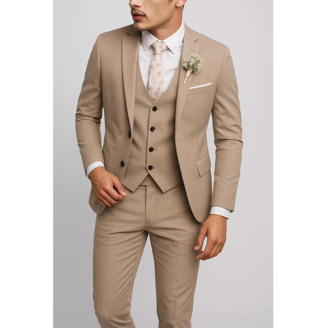 Men's Woven Three-Piece Suit with Notch Lapel and Button Vest