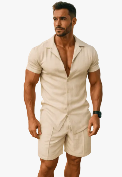 Men's Woven Two-Piece Set with Camp Collar and Drawstring Shorts