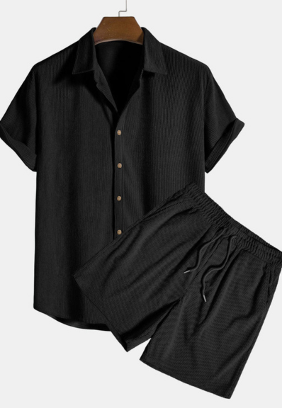 Men's Woven Two-Piece Set with Camp Collar and Drawstring Shorts