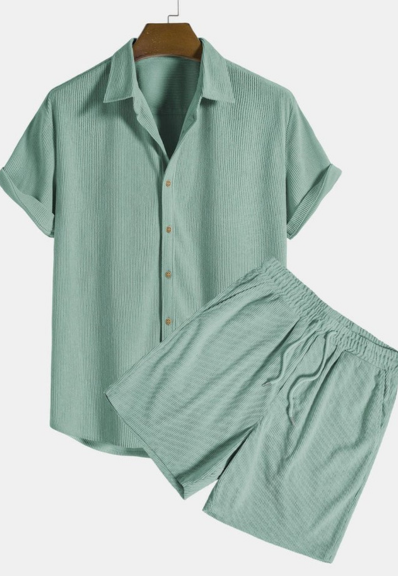 Men's Woven Two-Piece Set with Camp Collar and Drawstring Shorts
