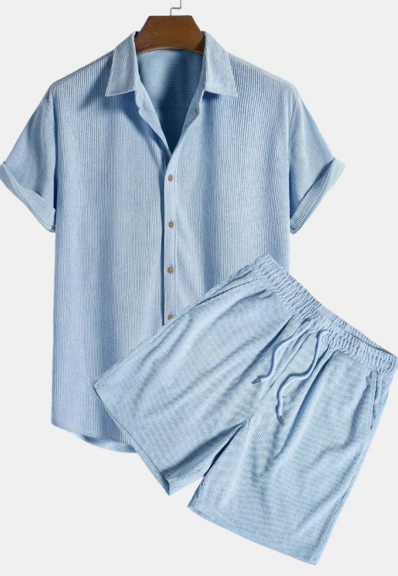 Men's Woven Two-Piece Set with Camp Collar and Drawstring Shorts