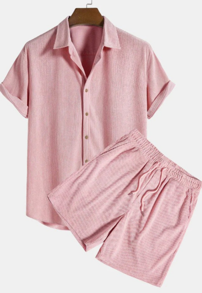 Men's Woven Two-Piece Set with Camp Collar and Drawstring Shorts