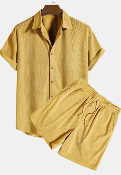 Men's Woven Two-Piece Set with Camp Collar and Drawstring Shorts