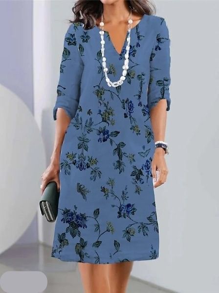 Women's A-Line Woven Midi Dress with V Neck and Elbow Sleeves