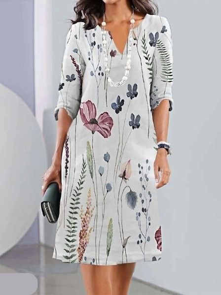 Women's A-Line Woven Midi Dress with V Neck and Elbow Sleeves