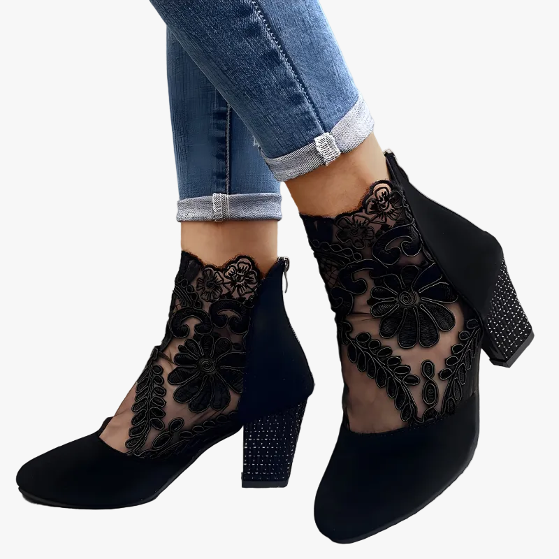 Women's Ankle Bootie Heels with Lace Overlay and Back Zipper