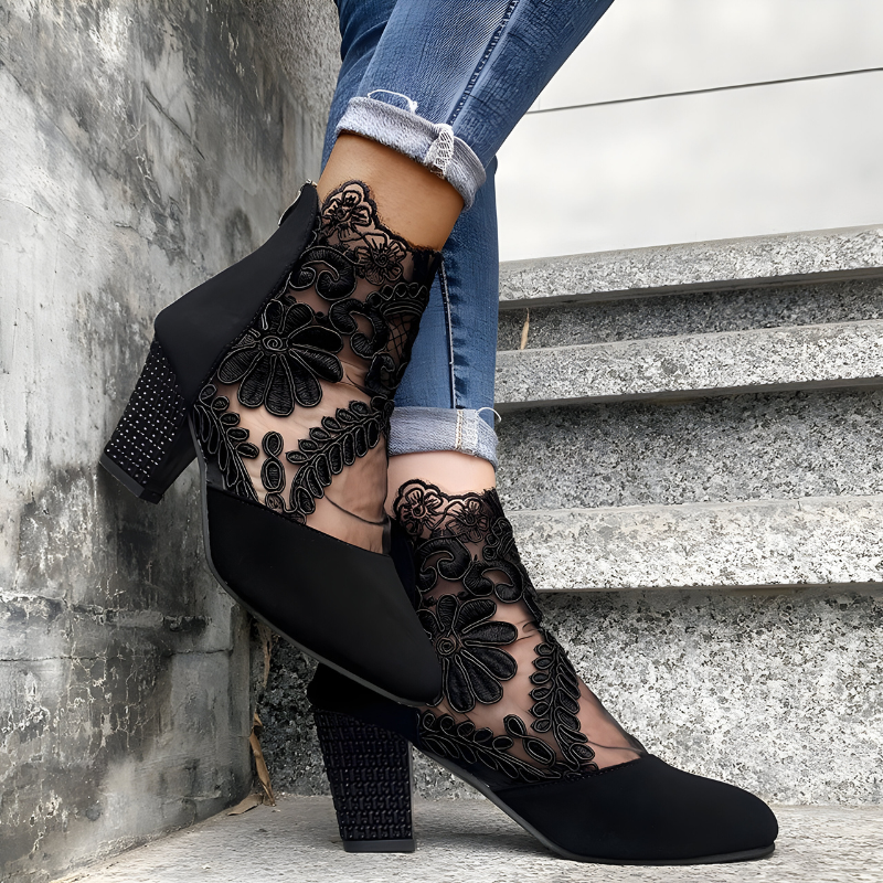 Women's Ankle Bootie Heels with Lace Overlay and Back Zipper