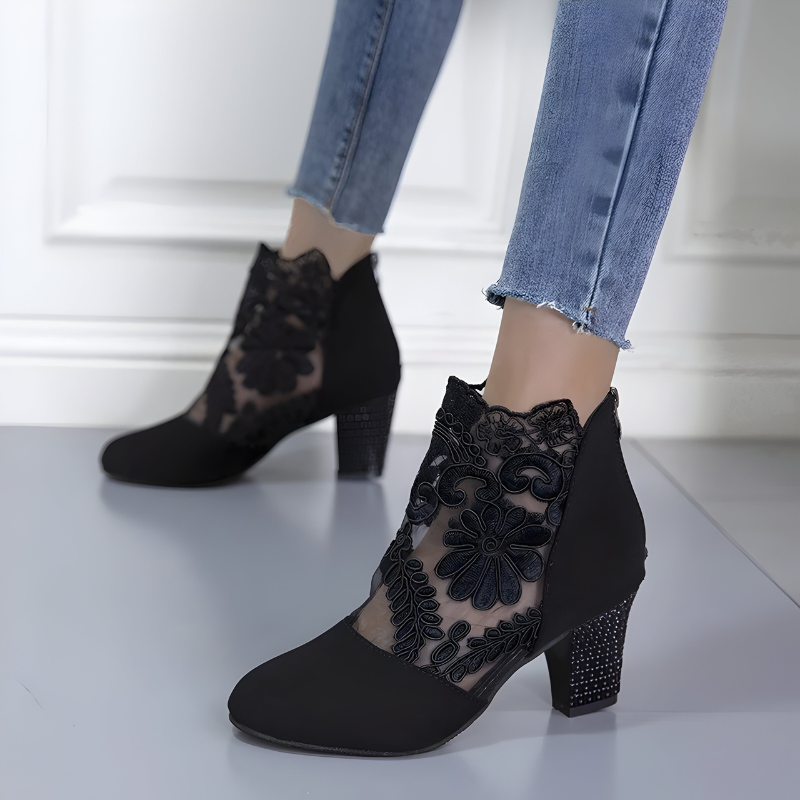 Women's Ankle Bootie Heels with Lace Overlay and Back Zipper