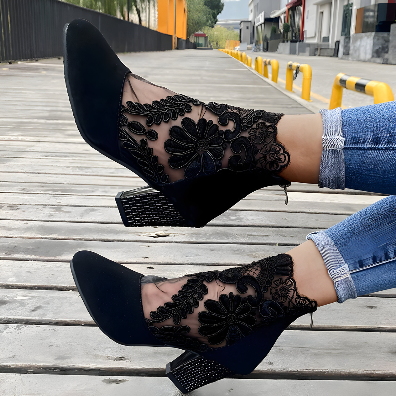 Women's Ankle Bootie Heels with Lace Overlay and Back Zipper