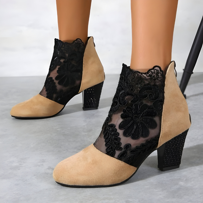 Women's Ankle Bootie Heels with Lace Overlay and Back Zipper
