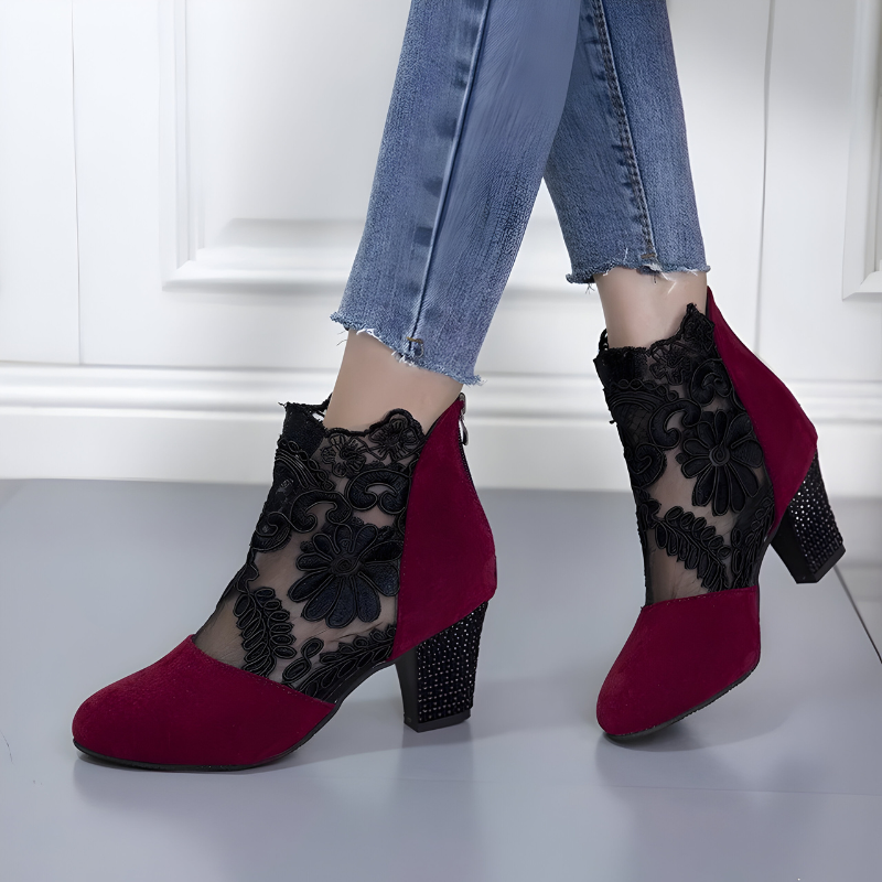 Women's Ankle Bootie Heels with Lace Overlay and Back Zipper