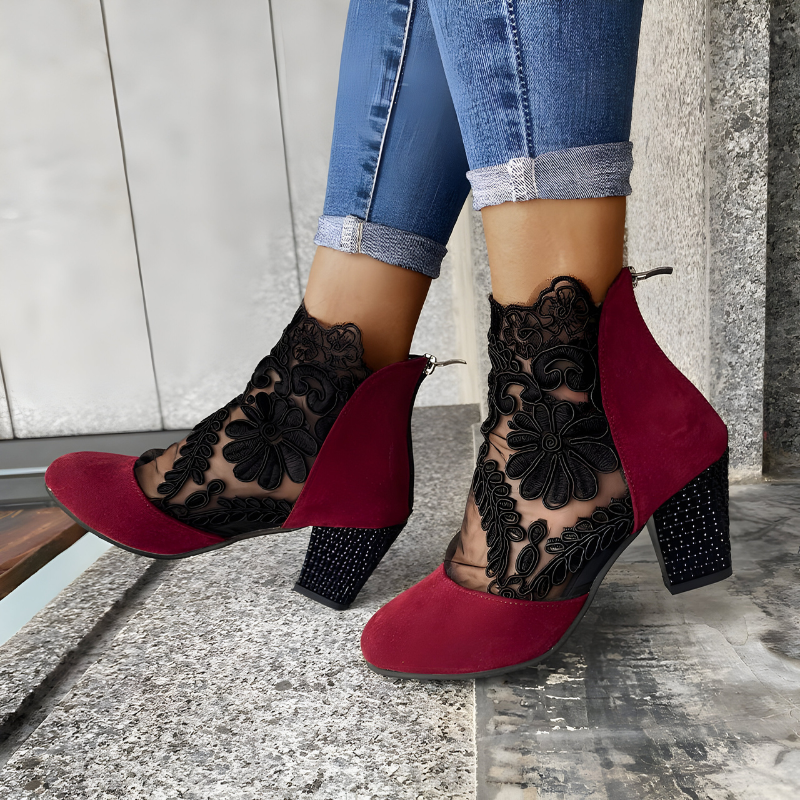 Women's Ankle Bootie Heels with Lace Overlay and Back Zipper