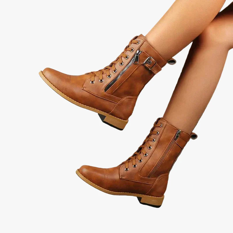Women's Ankle Boots in Faux with Lace-Up and Side Zipper